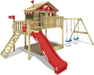 WICKEY Spielturm Klettergerüst Smart Coast mit Schaukel & roter Rutsche, Stelzenhaus mit Sandkasten, Kletterleiter & Spiel-Zubehör