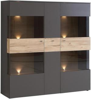 Highboard Vitrine COMO 3-trg. Optik: Grau / Planked Eiche von Forte