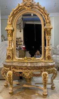 Casa Padrino Barock Spiegelkonsole mit Marmorplatte Creme / Gold / Grau - Prunkvolle Barock Konsole mit Spiegel - Garderoben Möbel Barockstil - Barock Möbel - Antik Stil Möbel - Edel & Prunkvoll