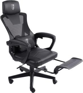 Gaming Stuhl im modernen Racing-Design mit einklappbarer Fußstütze - Gaming Chair mit flexiblen Armlehnen - ergonomischer Gaming Schreibtischstuhl mit extra Stützkissen Schwarz