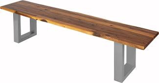 Junado Sitzbank 200x40 cm Esra, Akazien-Holz, Massive Holzbank, Baumkantenbank mit Silber lackierten Metallbeinen