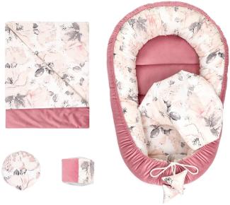 Babynestchen Set Neugeborene 90x50 cm Velvet - Kuschelnest Baby Nestchen 5-teilig Kokon Wilde Rose Rosa