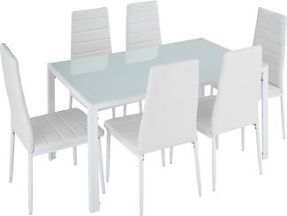 TecTake 800551 Esszimmergruppe mit Esstisch und 6 Essstühlen, strapazierfähiges Kunstleder, robuste Tischplatte aus Sicherheitsglas (Weiß-Weiß | Nr. 404382)