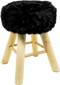Hocker Holz mit Langhaar- Kunstfellbezug schwarz runde Sitzfläche DH: 30x42cm