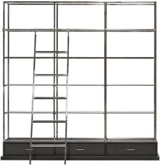 Casa Padrino Regalschrank mit Leiter Silber / Schwarz 220 x 45 x H. 240 cm - Bücherschrank - Wohnzimmer Schrank - Büro Schrank - Wohnzimmer Möbel - Büro Möbel - Luxus Möbel