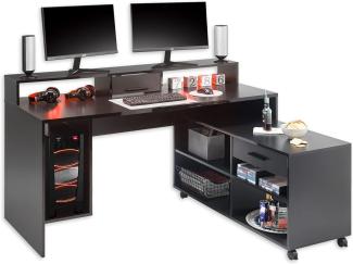 Highscore 3 Gaming Tisch in Schwarz - Gaming Schreibtisch mit Rollcontainer und LED-Beleuchtung - 160 x 92 x 70 cm (B/H/T)