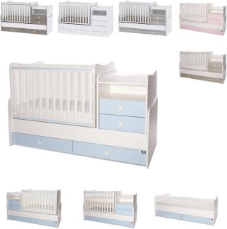 Lorelli Baby- Jugendbett Combo umbaubar 2 Kinder gleichzeitig Schaukelfunktion weiß blau