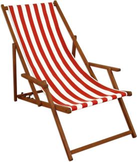 Deckchair rot-weiß Strandstuhl Gartenstuhl Buche dunkel Sonnenliege Relaxliege klappbar 10-314