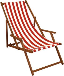 Deckchair rot-weiß Strandstuhl Gartenstuhl Buche dunkel Sonnenliege Relaxliege klappbar 10-314