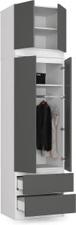 BDW Kleiderschrank mit Aufsatz, 4-türiger Kleiderschrank, 2 Schubladen, Kleiderschrank für das Schlafzimmer, Wohnzimmer, Flur, 234x60x51cm (Weiß/Grau)