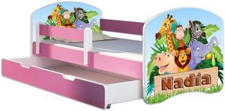 Kinderbett Jugendbett mit einer Schublade und Matratze Rausfallschutz Rosa 70 x 140 80 x 160 80 x 180 ACMA II (02N Animals name, 80 x 160 cm mit Bettkasten)