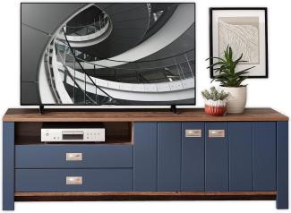 DIJON TV-Lowboard in Parisian Blue, Haveleiche Cognac Optik - Moderner TV Schrank mit Schubladen und viel Stauraum für Ihr Wohnzimmer - 194 x 63 x 45 cm (B/H/T)