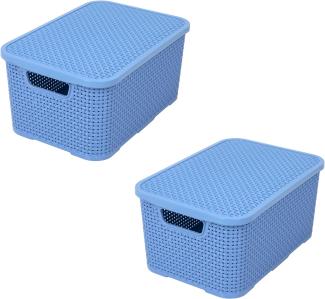 BranQ - Home essential Korb mit Deckel in Rattan Design 2er Set Grösse L 19 l, BPA-frei Kunststoff PP, Denim Blau, 38x27,8x18,5 cm, 2 Stk.