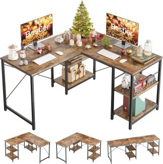 Bestier L-förmiger Schreibtisch mit Regalen Reversibel Eckschreibtisch 220CM Industrieller Langen Tisch Stabil Schreibtisch L Form Computer Workstation mit 3 Kabellöchern