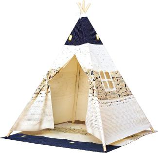 Bino Spielzelt TeePee, Zelt Kinderzimmer (Kinder Tipi Zelt, Spielhaus für Kinder ab 3 Jahre, drinnen & draußen geeignet, bedruckt mit Indianer Motiven, Größe 120 x 120 x 150 cm), Blau-Beige