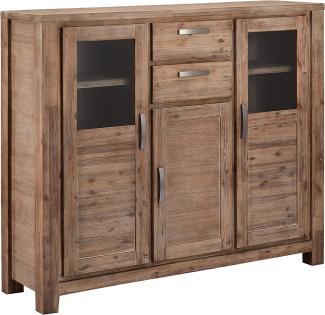 Ibbe Design Vitrineschrank Alaska, Braun Lackiert, Massiv Akazie Holz, mit Glastüren und 2 Schubladen, 160x45x140cm