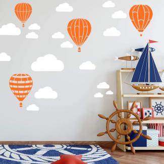 Heißluftballon & Wolken Aufkleber Wandtattoo Himmel | Wandbild 6x DIN A4 Bögen | Sticker Kinder Kinderzimmer Deko Ballons (Orange)