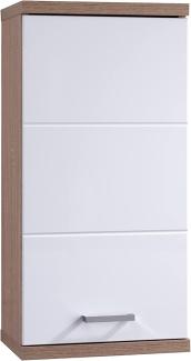 byLIVING Badezimmer Wandschrank NEBRASKA / Moderner Badhängeschrank in Sonoma Eiche Hochglanz weiß lackiert / mit silbernem Türgriff / B 35,5, H 73, T 24,5 cm