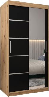 Schwebetürenschrank Verona 2-100 cm mit Spiegel Kleiderschrank mit Kleiderstange und Einlegeboden Schlafzimmer- Wohnzimmerschrank Schiebetüren Modern Design (Artisan Eiche + Schwarz)