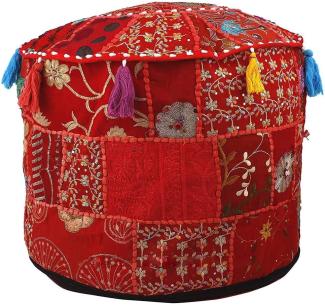 Aakriti Indian Pouf Fußhocker mit Stickerei Pouf, indische Baumwolle, Pouffe osmanischen Pouf Cover mit ethnischem Dekor Kunst - Cover (Red, 46x33 cms)