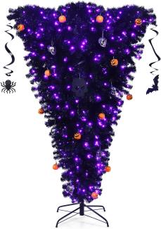 COSTWAY 180cm LED Weihnachtsbaum mit 270 lila Leuchten, Künstlicher Tannenbaum Kopfüber, Dekobaum für Halloween und Weihnachten, Kunstbaum mit Dekorationen, Klappsystem und Metallständer, schwarz
