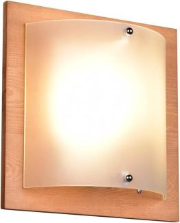 Flache LED Wandleuchte Holzlampe Natur mit Glasschirm Weiß, 25x25 cm