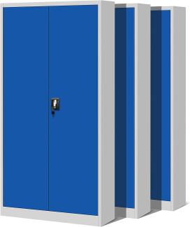 Jan Nowak 3er Set Aktenschrank C001H Büroschrank Metallschrank Stahlschrank Werkzeugschrank Stahlblech Pulverbeschichtet Flügeltürschrank Abschließbar 195 cm x 90 cm x 40 cm (grau/blau)