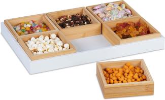 Relaxdays Snackschalen Set, mit Serviertablett, Bambus, 6 Schälchen, Chips, Nüsse & Süßigkeiten, Servierset, Natur/weiß, 1 Stück