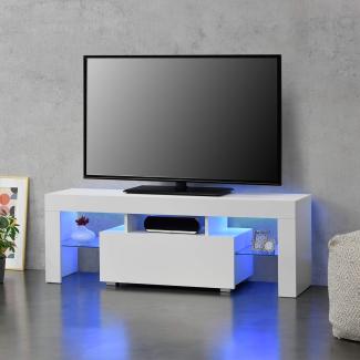 [en. casa] TV Lowboard mit Schublade, Glasablage, LED-Fernsehtisch Weiß, 130 x 35 x 45 cm
