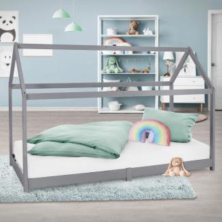 Kinderbett mit Dach und Lattenrost 90x200 cm HellGrau aus Kiefernholz ML-Design