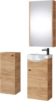 Planetmöbel Badset komplett aus Unterschrank 40cm mit Waschbecken, Spiegelschrank und 1x Midischrank in Gold Eiche, Komplettset für Badezimmer 4-teilig