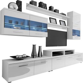 Domando Wohnwand Loano Modern für Wohnzimmer Breite 250cm, LED Beleuchtung in Weiß, Hochglanz in Weiß Matt und Weiß Hochglanz