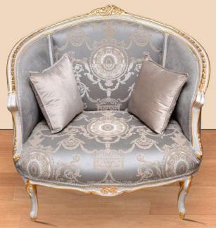Casa Padrino Barock Sessel mit elegantem Muster Grau / Beige / Weiß / Gold - Barockstil Wohnzimmer Sessel - Antik Stil Sessel - Barockstil Wohnzimmer Möbel - Barock Möbel - Barock Einrichtung