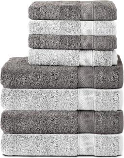 Komfortec 8er Handtuch Set aus 100% Baumwolle, 4 Badetücher 70x140 und 4 Handtücher 50x100 cm, Frottee, Weich, Towel, Groß, Anthrazit/Weiß