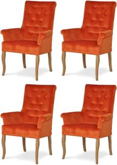 Casa Padrino Chesterfield Neo Barock Esszimmer Stuhl 4er Set Orange / Naturfarben - Küchenstühle mit Armlehnen - Esszimmer Möbel - Chesterfield Möbel - Neo Barock Möbel