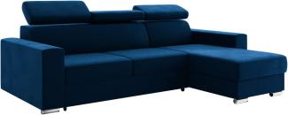 MEBLINI Schlafcouch mit Bettkasten - VOSS - 242x168x79cm Rechts - Blau Samt - Ecksofa mit Schlaffunktion - Sofa mit Relaxfunktion und Kopfstützen - Couch L-Form - Eckcouch - Wohnlandschaft