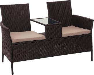 Poly-Rattan Sitzbank mit Tisch HWC-E24, Gartenbank Sitzgruppe Gartensofa, 132cm ~ braun, Kissen creme