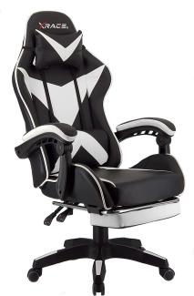 xRace Gaming-Stuhl Hoher Drehstuhl aus Leder mit Lendenwirbelstütze, Kopfstütze und Fußstütze, verstellbar, neigbar, Rennstil (weiß)