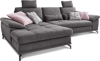 Cavadore L-Form-Sofa Castiel mit Federkern / Große Eckcouch mit Sitztiefenverstellung, Kopfstützen und XL-Longchair / 312 x 114 x 173 / Webstoff, Grau