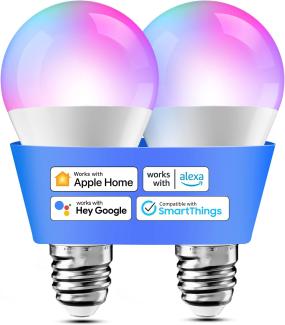 Smart Glühbirne Set 2 LED-Glühbirnen kompatibel mit HomeKit, Siri, Alexa, Google Home und SmartThings, E27 RGBWW Wi-Fi-Glühbirne, dimmbar, mehrfarbig, mit Sprachsteuerung und Fernbedienung