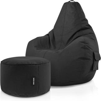 Green Bean© Sitzsack mit Rückenlehne + Hocker "Cozy+Stay" 80x70x90cm - Gaming Chair mit 230L Füllung - Bean Bag Lounge Chair Sitzhocker Schwarz