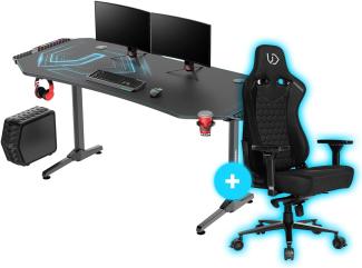 ULTRADESK Frag XXL RGB LED 160x75 cm + Throne Gaming Stuhl, Gamer Tisch mit großer Arbeitsfläche & XXL-Pad, 2 Kabeldurchlässe, Fach für Steckdosenleisten, Stahlgestell, Blau