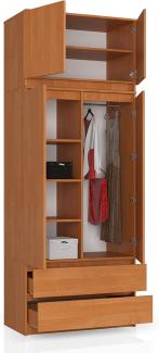 BDW Kleiderschrank 4 Türen, 4 Einlegeböden, Kleiderbügel, 2 Schubladen Kleiderschrank für das Schlafzimmer Wohnzimmer Diele 234x90x51cm (Erle)