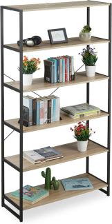 Relaxdays Standregal Industrial, hohes Bücherregal, offenes Design mit 6 Fächern, HBT 180x95x35 cm, aus PB/Metall, braun