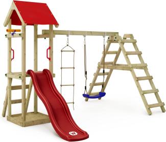 WICKEY Spielturm Klettergerüst TinyLoft mit Schaukel & roter Rutsche, Kletterturm mit Sandkasten, Leiter & Spiel-Zubehör