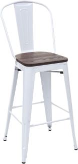 Barhocker HWC-A73 inkl. Holz-Sitzfläche, Barstuhl Tresenhocker mit Lehne, Metall Industriedesign ~ weiß