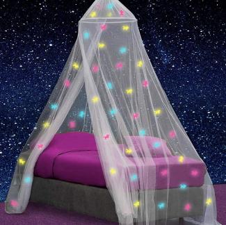 UB-STORE Betthimmel mit vorgeklebten leuchtenden Einhörner - Prinzessinen Moskitonetz für Mädchen Zimmerdekoration - Himmelbett Vorhänge für Kinder und Baby Bett