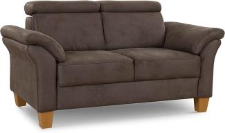 Cavadore 2-Sitzer-Sofa Ammerland / 2er-Couch im Landhausstil mit Federkern + verstellbaren Kopfstützen / 156 x 84 x 93 / Wildlederoptik, Braun