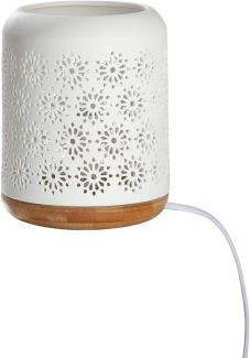 GILDE Porzellan Lampe Tischlampe Standlampe - Motiv: Blume - Farbe: Weiss Sockel in Holz Optik - Höhe 17,5 cm