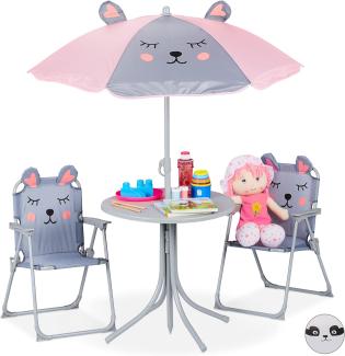 Relaxdays Camping Kindersitzgruppe, Kindersitzgarnitur mit Sonnenschirm, Klappstühle & Tisch, Maus Motiv, Garten, grau, 126 x 100 x 100 cm